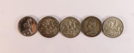 Three Victorian silver crowns 1899, 92 & 97, 1935 crown together with 1887 double florin.