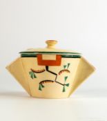 Clarice Cliff Ravel Patterned Lidded Pot, decorated with geometric designs, height 10cm