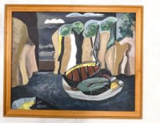 Celia Toussaint, Oil on Board 'Boats on The Beach'. Size incl. frame H:21.5cm x W:26.5cm