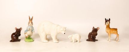 A mixed collection of pottery figures to include Weatherby Polar Bear & Cub, Beswick Mice, Beswick