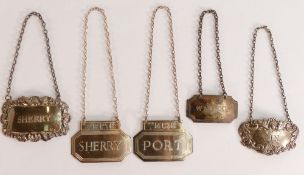 Five hallmarked silver wine / spirit labels, gross weight 66g, includes 2 x sherry, port, whisky &