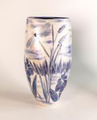 Anita Harris blue & white lustre dragonfly triangular vase. Gold signed to base, height 28cm
