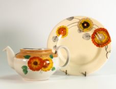 Clarice Cliff Bizarre Rhodanthe Style Teapot & side plate in the Tresco design, diameter of plate
