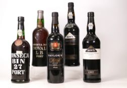 Five Bottles of vintage Port to include Taylors Select Port, Fonseca Bin 27 Port, Dows Trademark