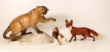 Beswick Puma on Rock 1702, large standing Fox & damaged Royal Doulton small Spaniel with Pheasant(3)