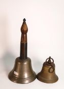 Large Bell Metal Made Hand Bell ( missing donger ) & similar brass item, tallest 32cm(2)