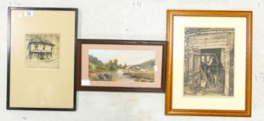 Two vintage etchings together with an landscape painting. (3)