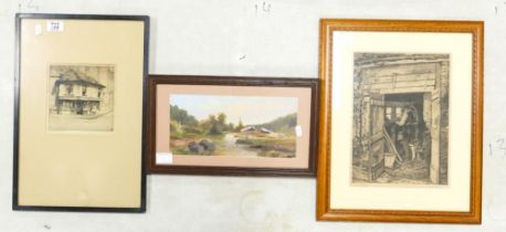 Two vintage etchings together with an landscape painting. (3)