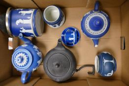 A Collection of Wedgwood Blue Jasperware and Dip Blue Items, to include a Biscuit Barrel, Teapot (
