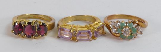 3 x high quality gold plated rings set with various gems