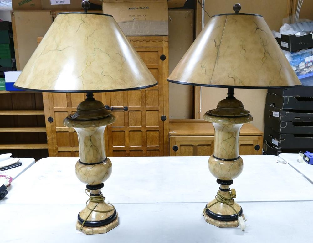 A pair of Venetian marble effect lamp bases with matching shades. Height to top of shade 89cm approx - Image 2 of 2