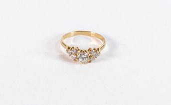 18ct gold diamond ring, centre stone approx .50ct surrounded by six smaller diamonds, ring size U,