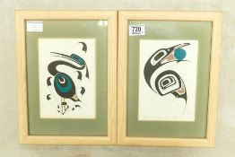Danny Dennis, pair watercolour paintings "Raven Stealing Sun and Heron in wood frames, overall 24