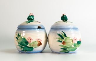 Pair Clarice Cliff Embossed Preserve Pots, height 11cm(2)