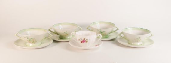 Four Shelley soup bowls and saucers in the Eve shape pattern 12435 together with Ludlow shape soup