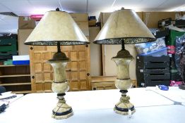 A pair of Venetian marble effect lamp bases with matching shades. Height to top of shade 89cm approx