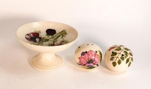 Moorcroft anemone footed bowl together with two pot pourri pots dated 1897 and 1990. ( anemone