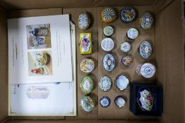 A collection of Staffordshire Enamels/ Crummies /& similar Enamelled Pill Boxes with themes of
