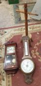 Vintage oak aneroid barometer together with a later mechanical wall clock and a vintage washing