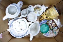 A mixed collection of Churchill floral patterned tea ware, Royal Worcester Palissy dog theme pin