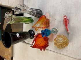 A collection of vintage art glass, including vases, shaped dishes in various colours, tallest vase