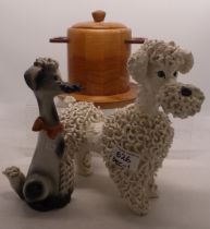 Italian ceramic model of a poodle,h.24cm, wood pipe stand and another seated poodle. (3)