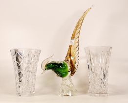 Mid Century Italian Type Glass Cockerel & two glass vases, tallest 36cm(3)