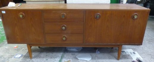 Mid Century Modern teak effect sideboard, 3 drawers, 1 door and 1 fall-front door, 182cm W x 45cm