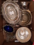 A mixed collection of silver plated items to include circular trays, condiment set, bon bon dish jug