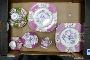 Minton Pink and Green Cockatrice patterned cups, saucer, sandwich plates & trio