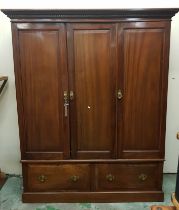 Edwardian mahogany three door panelled wardrobe, w.169 x d.58 x h208cm.