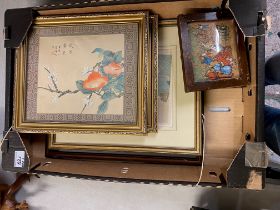 A collection of framed prints to include Two oriental pictures in gilt frame of bird on flowering