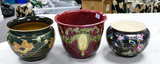 Three English Art Pottery Jardinieres to include on Floral Tubelined example, one in Red and Green
