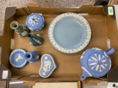 A mixed collection of Wedgwood blue Jasperware and Queensware items to include Jasperware teapot,