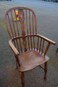 19th Century Stick Back Windsor Armchair on H-Shaped Stretcher. Split to Seat. Height: 103cm