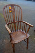 19th Century Stick Back Windsor Armchair on H-Shaped Stretcher. Split to Seat. Height: 103cm