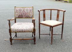 Two Upholstered Chairs to include of low armchair and an X-stretcher corner chair. Height of