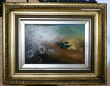 Victorian Oil on Board in gilt frame depicting a bird in flight with daisies, dated 1895 and