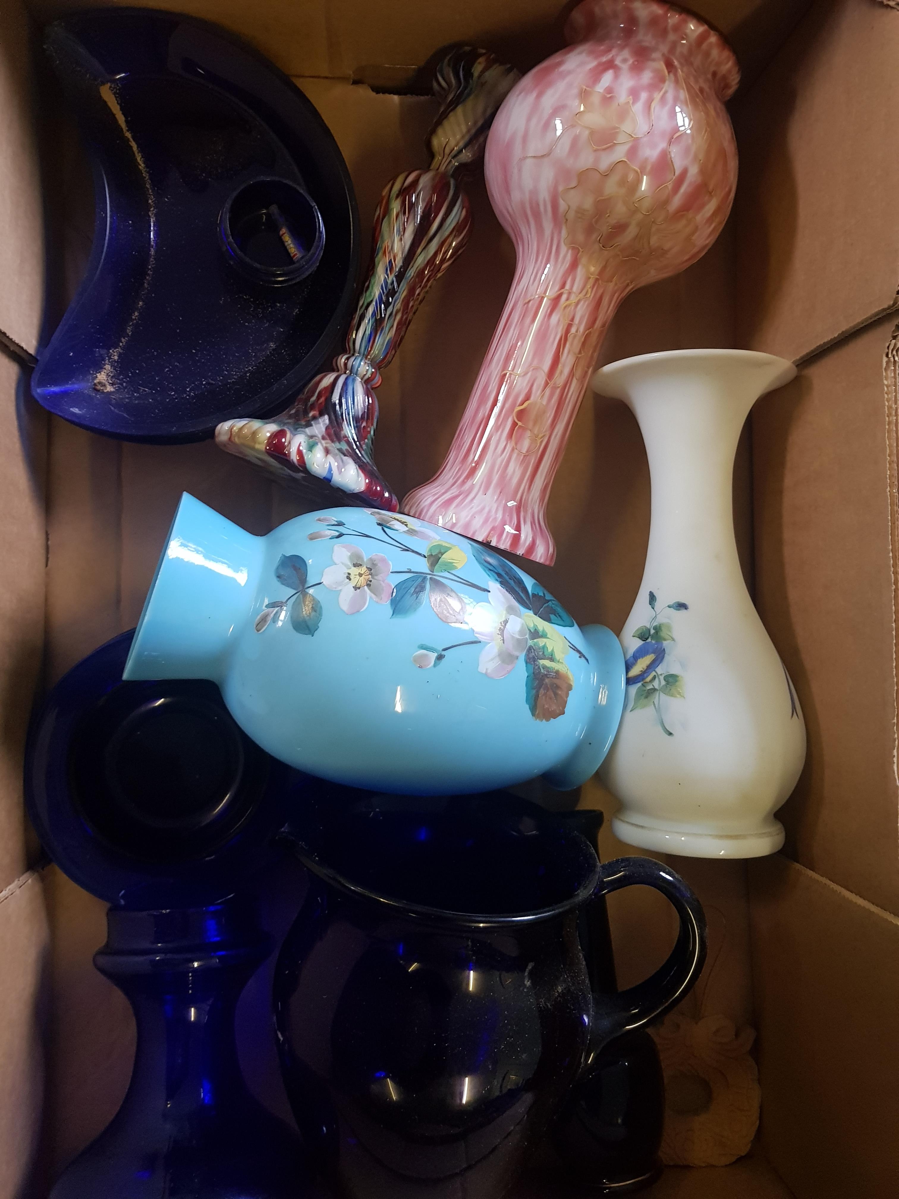 A mixed collection of early glass items to include hand painted vases, Cobalt Blue items etc