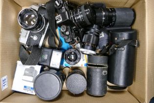 A collection of Vintage Camera Equipment to include Ricoh Siglex Praktica Bcx Film Camera,