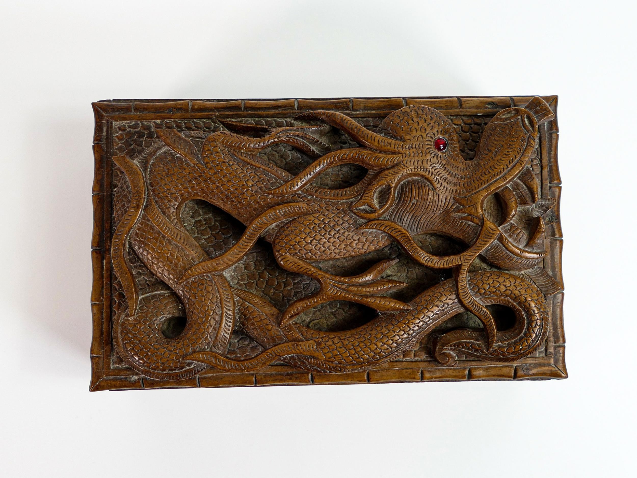 Early 20th century wood box, carved all around with dragons, small piece of carving missing top left - Image 7 of 7