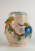 Clarice Cliff Embossed Budgerigar patterned ribbed vase, height 21cm
