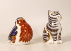 Royal Crown Derby Paperweights Robin & Seated Cat (silver stopper)(2)