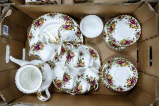 A collection of Royal Albert Old Country Rose patterned items including 2nds Tea Set & matching Wall