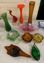 A collection of vintage art glass, including vases, shaped dishes in various colours, tallest vase