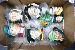 Royal Doulton small character jugs to include Pied Piper, Sairy Gamp, Sancho Panca , Don Quixote