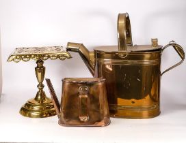 Brass Large Kettle Stand, later Brass Watering Can & Un Usual Flat Backed Kettle, tallest 47cm(3)