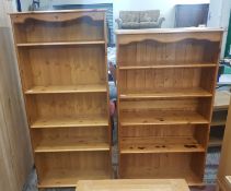 Two Pine 5 shelf modern book case together with similar smaller pine example (4 shelf) size of