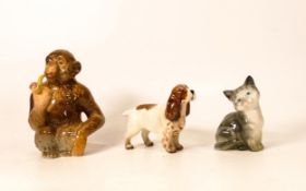 Beswick monkey smoking a pipe 1049 together with small seated cat and a Spaniel (3)