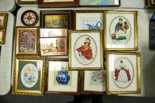 A Mixed Collection of Embroideries and Copper Prints to include images of Royal Doulton Figures,